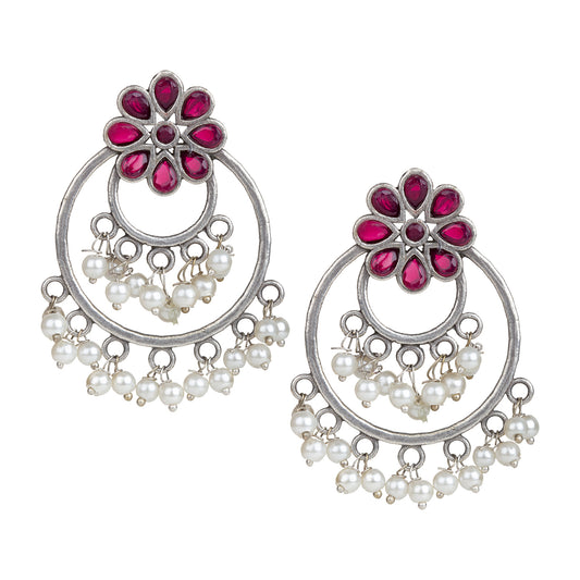 bindhani silver toned pink stone pearl beads oxidised earrings for women girls