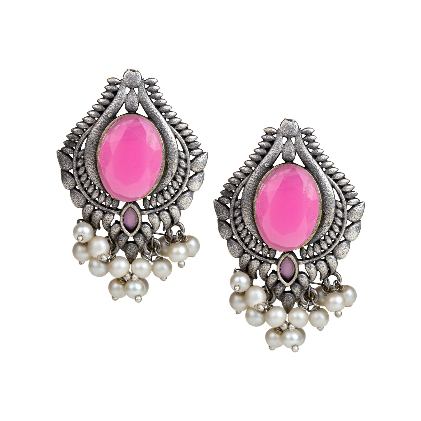 bindhani silver toned pink stone pearl beads oxidised earrings for women girls