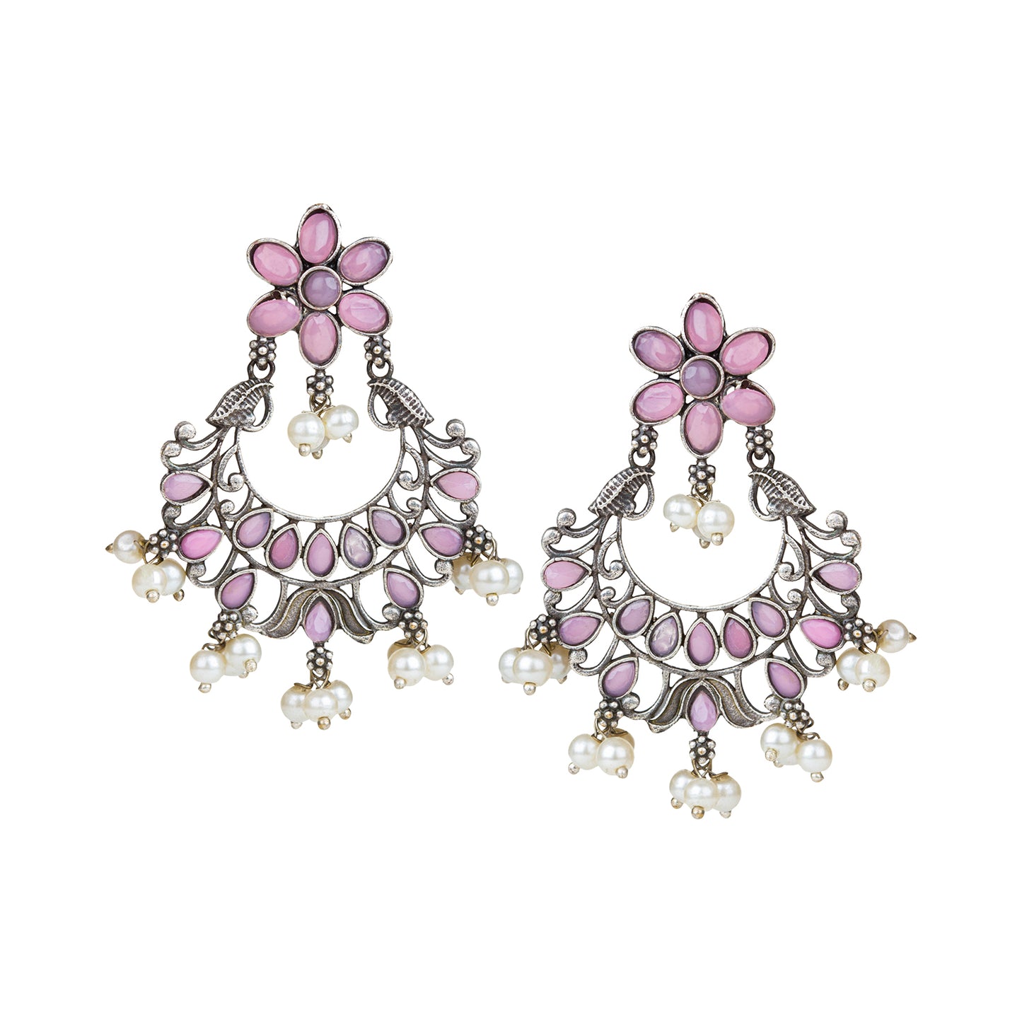 bindhani silver toned pink stone pearl beads oxidised earrings for women girls