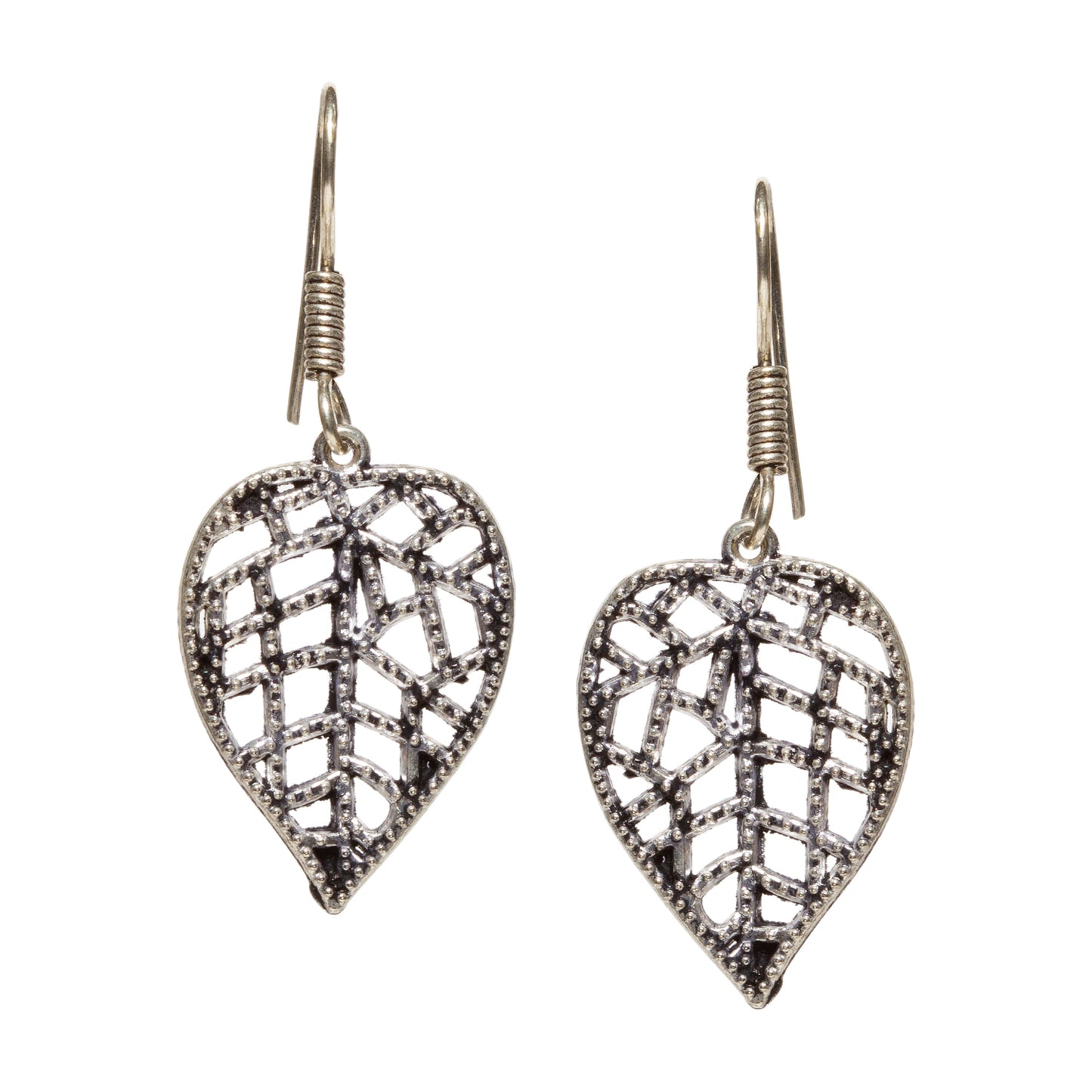 bindhani silver toned spade leaf oxidize small earrings secured with fish hook earwire for women and girls