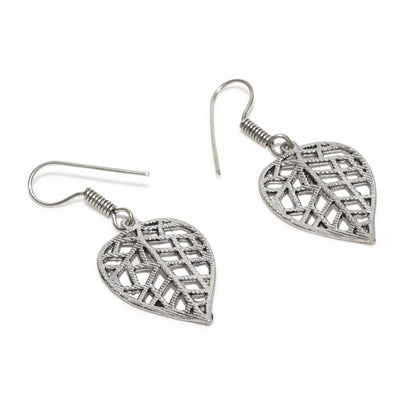 bindhani silver toned spade leaf oxidize small earrings secured with fish hook earwire for women and girls