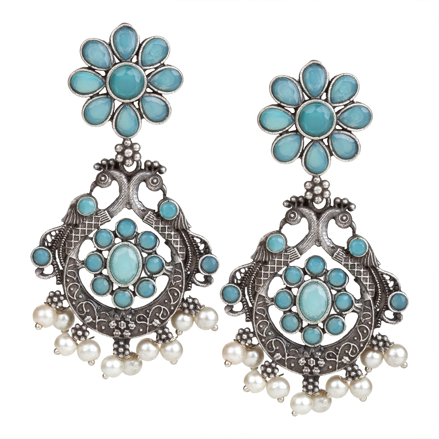 bindhani silver toned turquoise stone pearl beads oxidised earrings for women girls