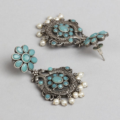 bindhani silver toned turquoise stone pearl beads oxidised earrings for women girls