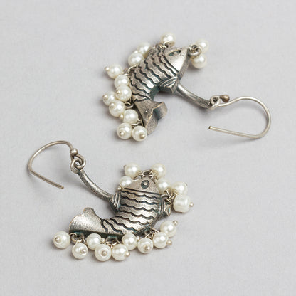 bindhani silver toned white pearl beads oxidised fish earrings for girls