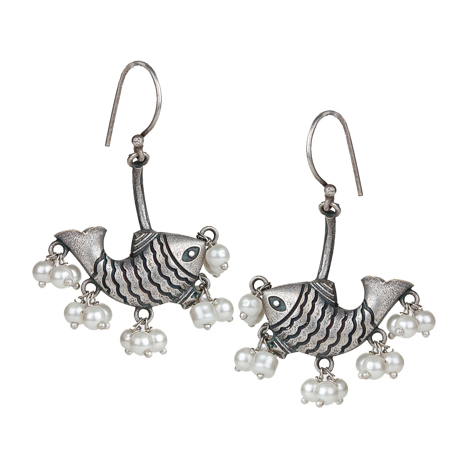 bindhani silver toned white pearl beads oxidised fish earrings for women girls