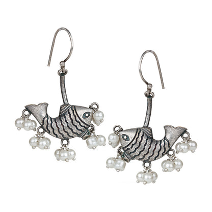 bindhani silver toned white pearl beads oxidised fish earrings for women girls