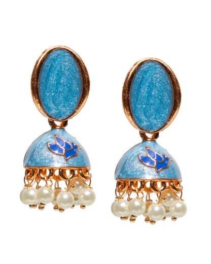 Bindhani gold-plated meenakari jhumka earrings with oval shaped sky blue enamel stud tops, dome-shaped drops featuring indigo  blue twity bird motif enamel work, and dangling white pearl beads in traditional ethnic design.