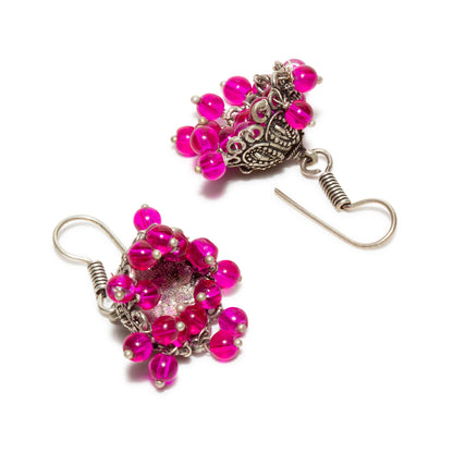 bindhani sliver toned pink beads black oxidised light weight jhumka earrings for women and girls