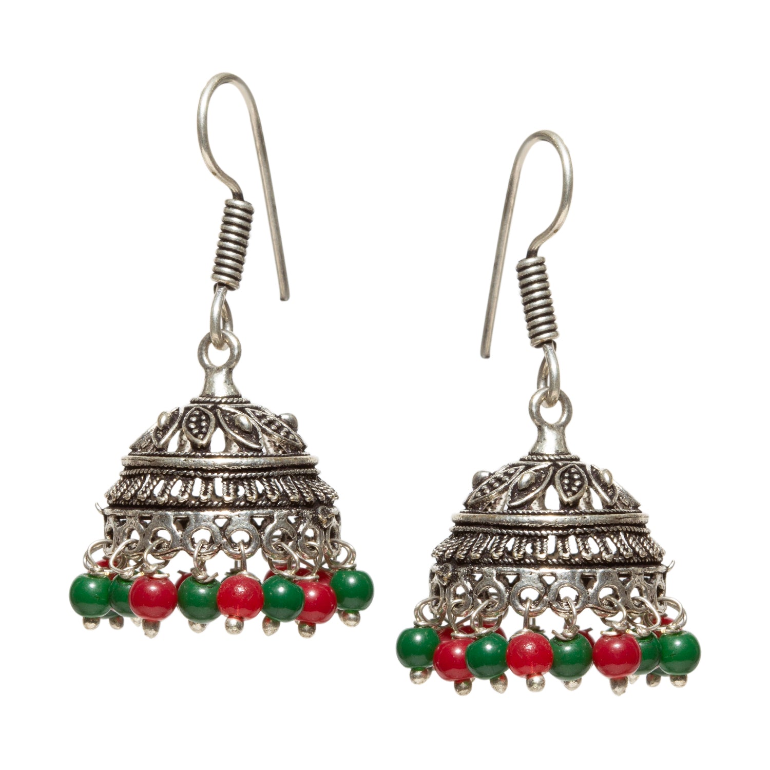 bindhani sliver toned red green beads oxidised jhumka earrings secured with fish hook wire for women and girls