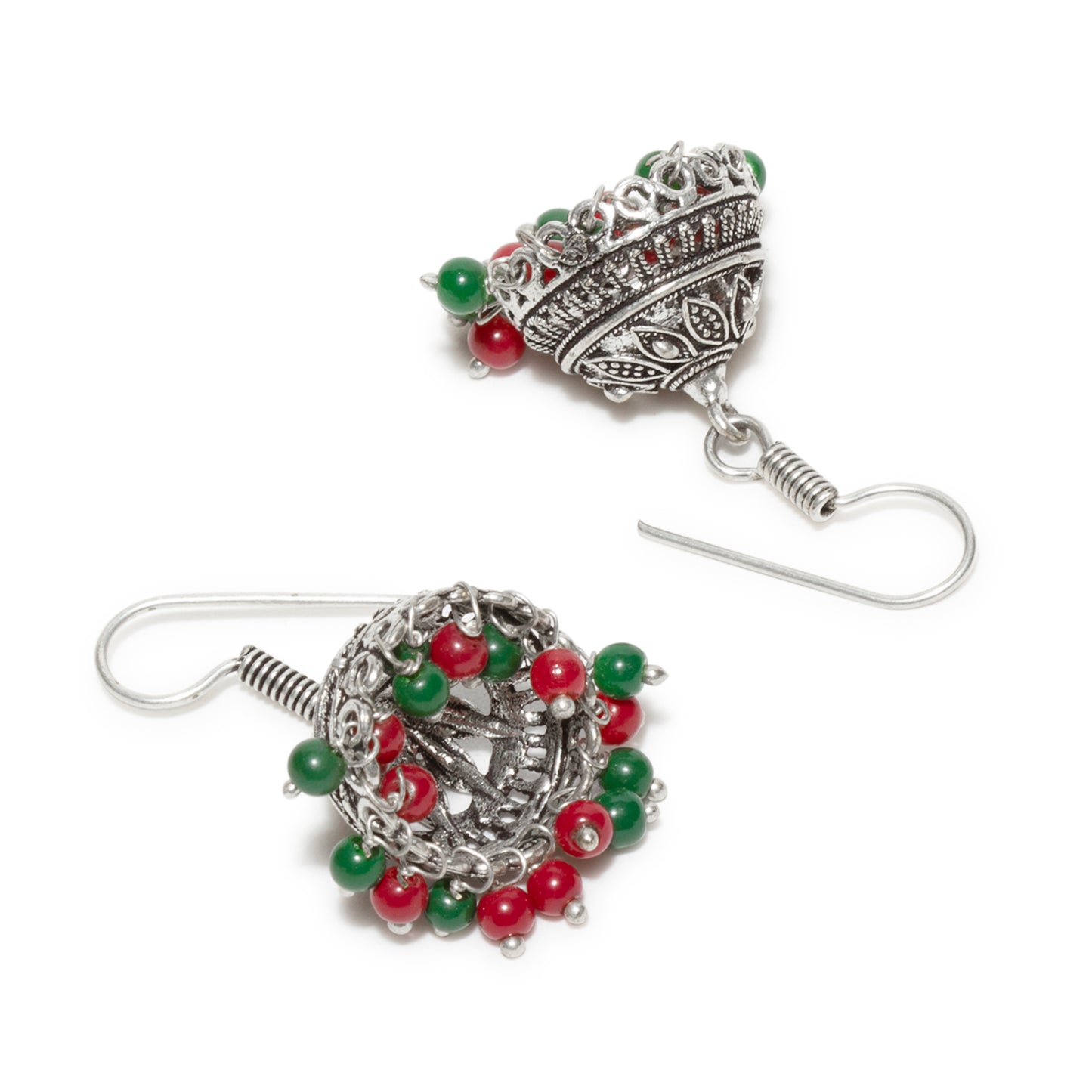 bindhani sliver toned red green beads oxidised jhumka earrings secured with fish hook wire for women and girls