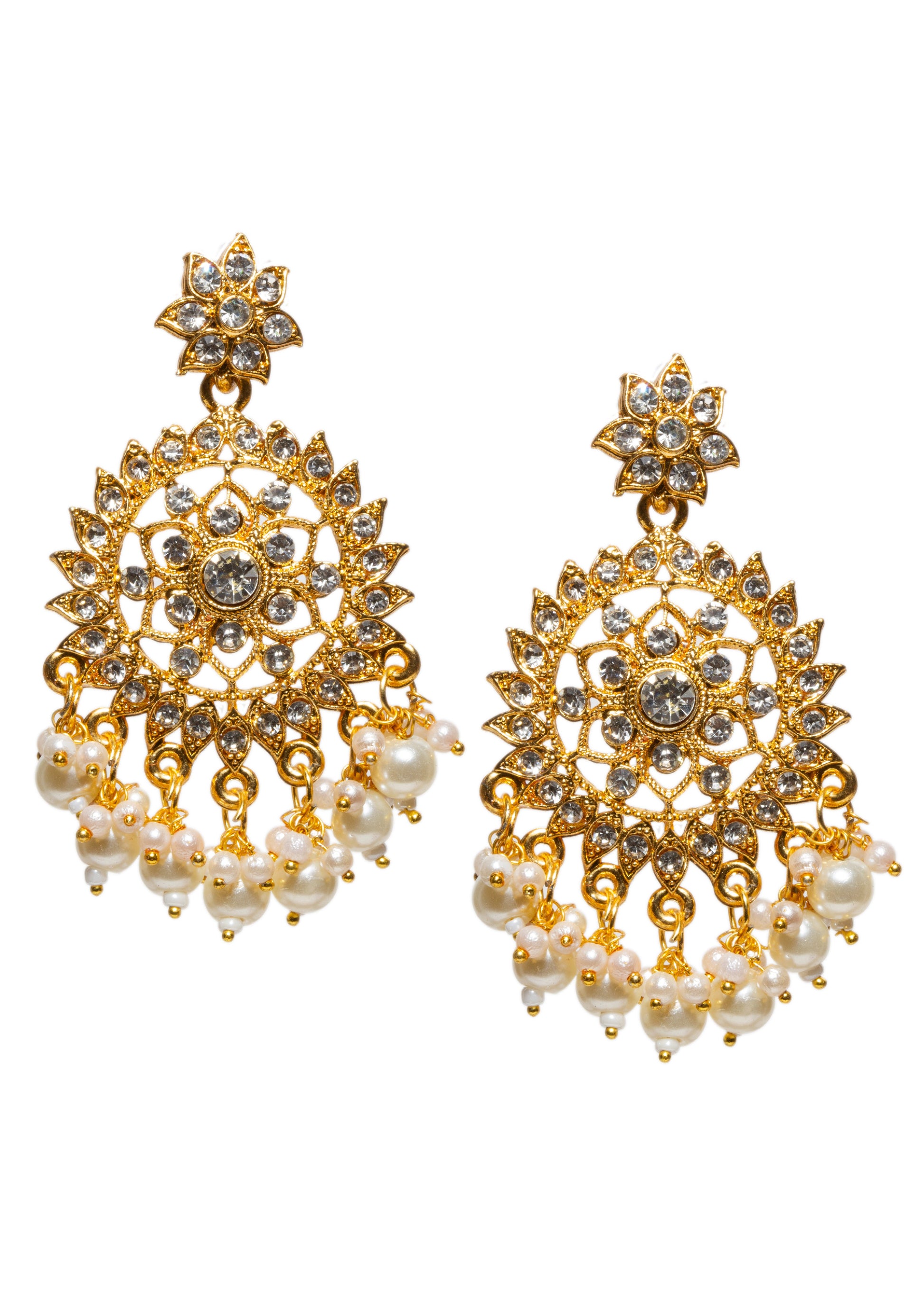 Bindhani gold-plated round shaped traditional Indian earrings with intricate design of star adorned with sparkling white stones and dangling earrings white pearls drops.