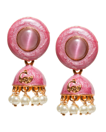 Bindhani gold-plated meenakari jhumka earrings with round onion peel pink enamel stud tops, dome-shaped drops featuring embossed golden peacock motif detailing, and dangling white pearl beads in traditional ethnic style.