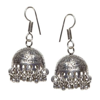 bindhani small silver toned light weight oxidised jhumka fish hook jhumki earrings for women and girls