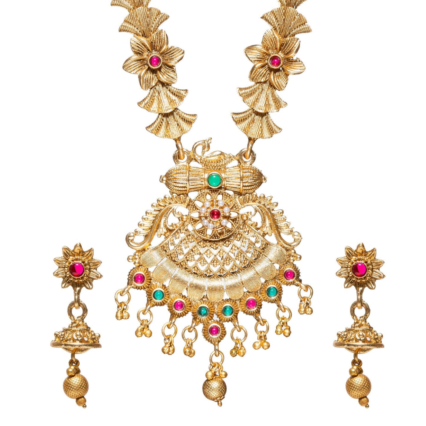 South Indian Style Traditional Long Pendant Jhumka Necklace Set