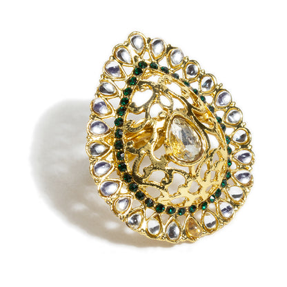 bindhani tilak shaped gold toned green white kundan stone adjustable finger ring for women and girls