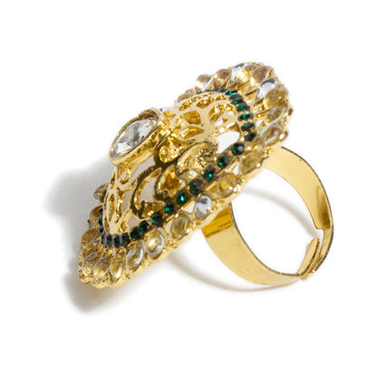 bindhani tilak shaped gold toned green white kundan stone adjustable finger ring for women and girls