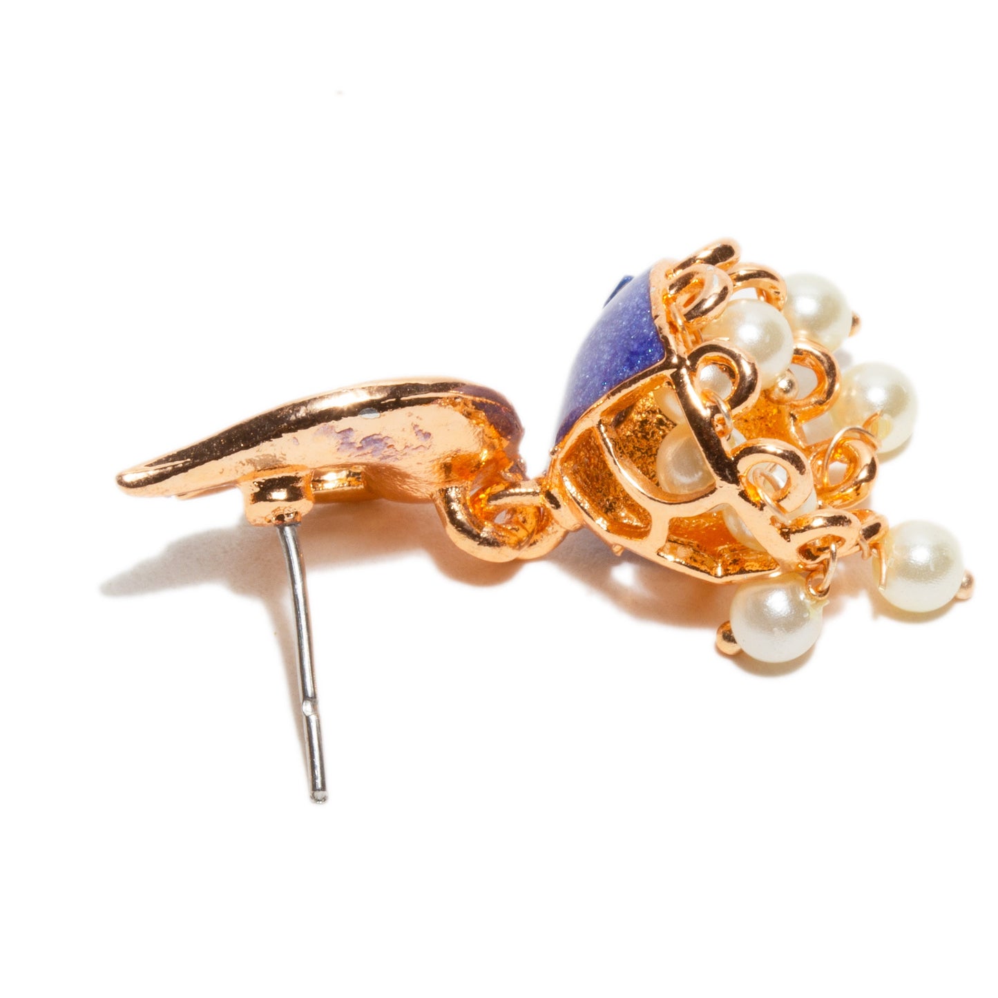 Back view A pair of elegant rose gold-tone jhumka earrings featuring a modern peacock-inspired design with blue meenakari enamel work. The earrings showcase peacock-shaped stud tops, dome-shaped jhumka ending in pearl drops with embossed triple stone and reticulated back view for a graceful and light weight  traditional look.