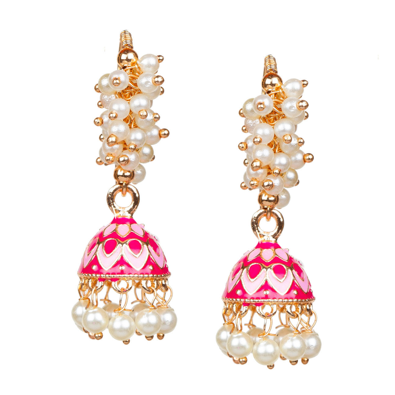 bindhani traditional bollywood style gold plated pink color meenakari indian jhumka earrings for women girls