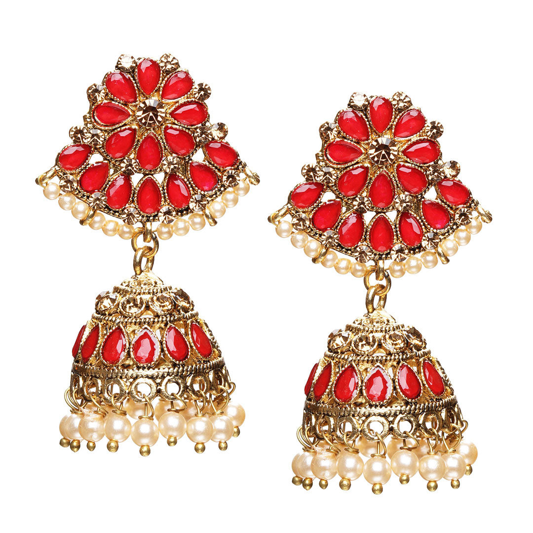 bindhani gold plated red stone pearl drop jhumka earrings for women girls