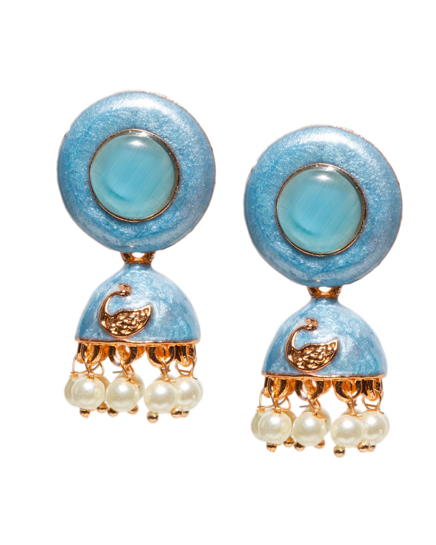 Bindhani gold-plated meenakari jhumka earrings with round turquoise enamel stud tops, dome-shaped drops featuring embossed golden peacock motif detailing, and dangling white pearl beads in traditional ethnic style.
