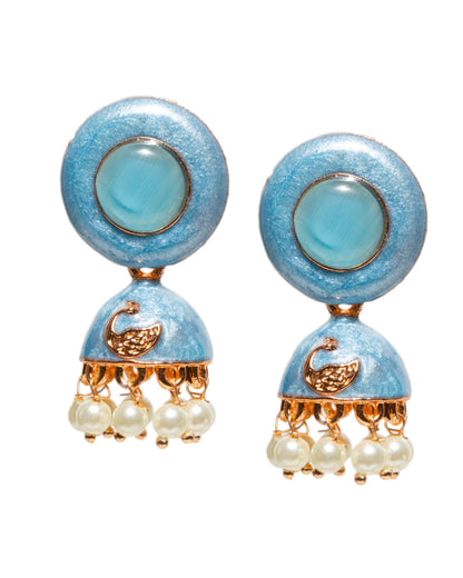 Bindhani gold-plated meenakari jhumka earrings with round turquoise enamel stud tops, dome-shaped drops featuring embossed golden peacock motif detailing, and dangling white pearl beads in traditional ethnic style.