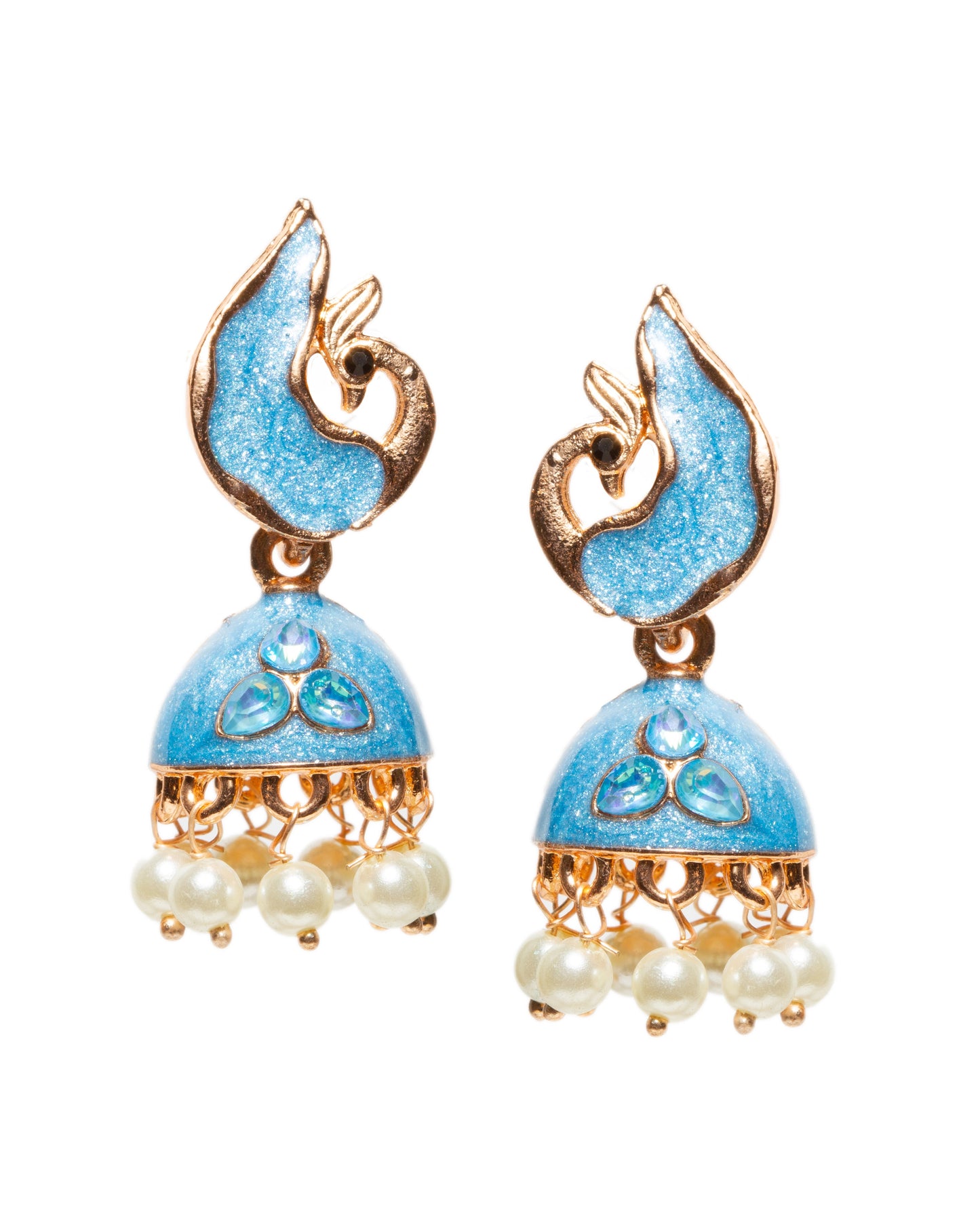 A pair of elegant rose gold-tone jhumka earrings featuring a modern peacock-inspired design with skyblue meenakari enamel work. The earrings showcase peacock-shaped stud tops, dome-shaped drops with embossed triple stone and dangling white pearl beads for a graceful traditional look