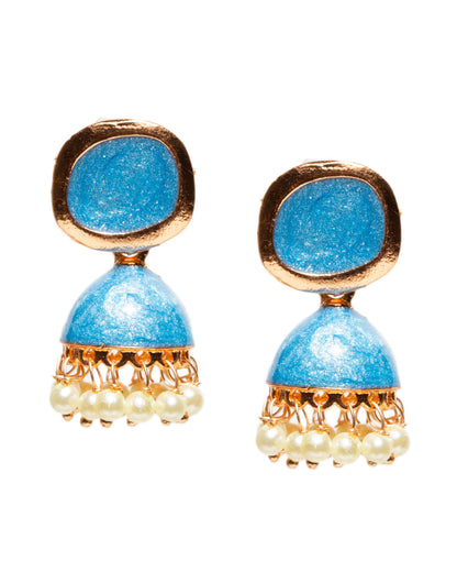 Bindhani gold-plated sky blue enamel work meenakari jhumka earrings with square stud tops, dome-shaped drop design, and dangling white pearl beads in traditional ethnic style.