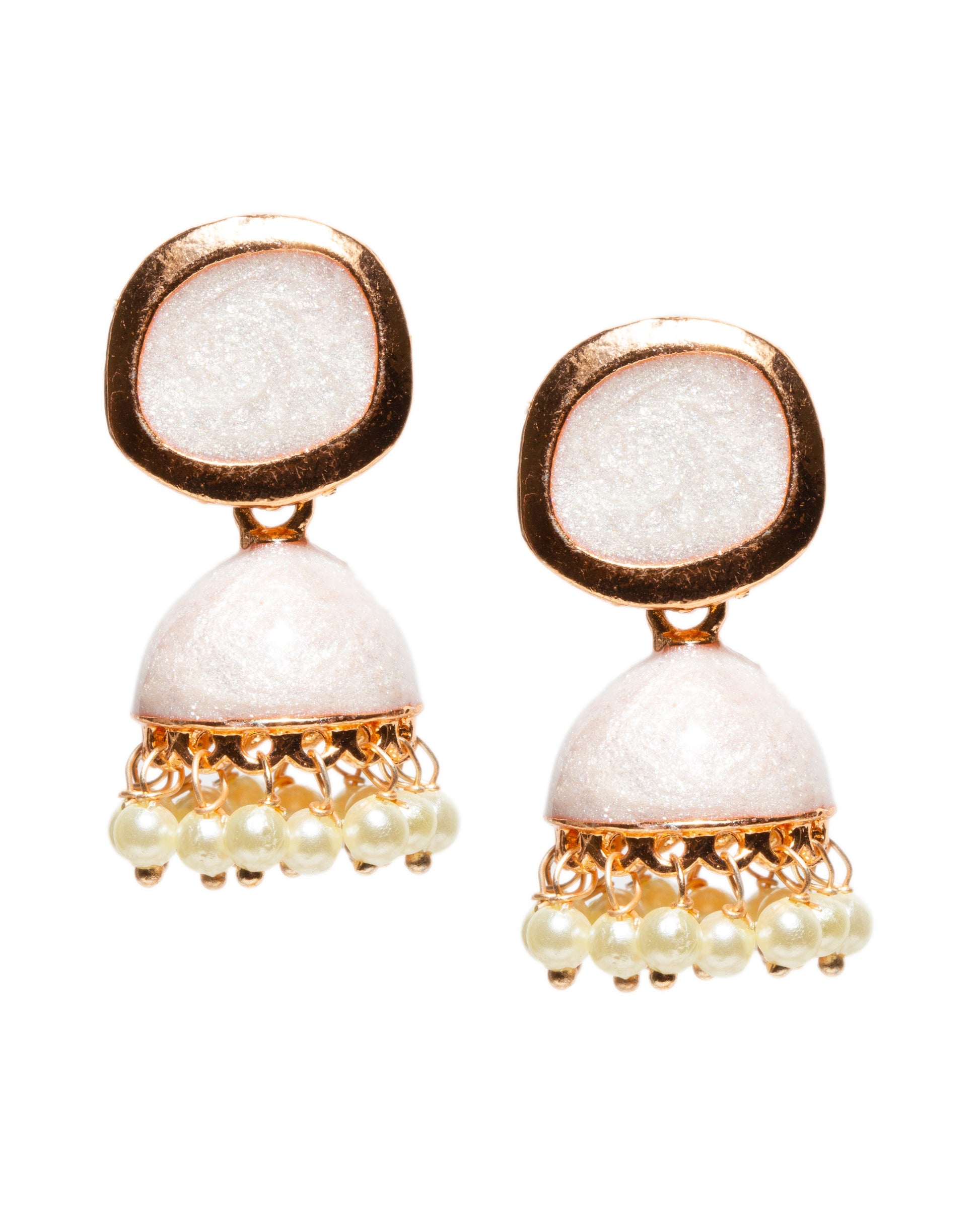 Bindhani gold-plated white enamel work meenakari jhumka earrings with square stud tops, dome-shaped drop design, and dangling white pearl beads in traditional ethnic style.