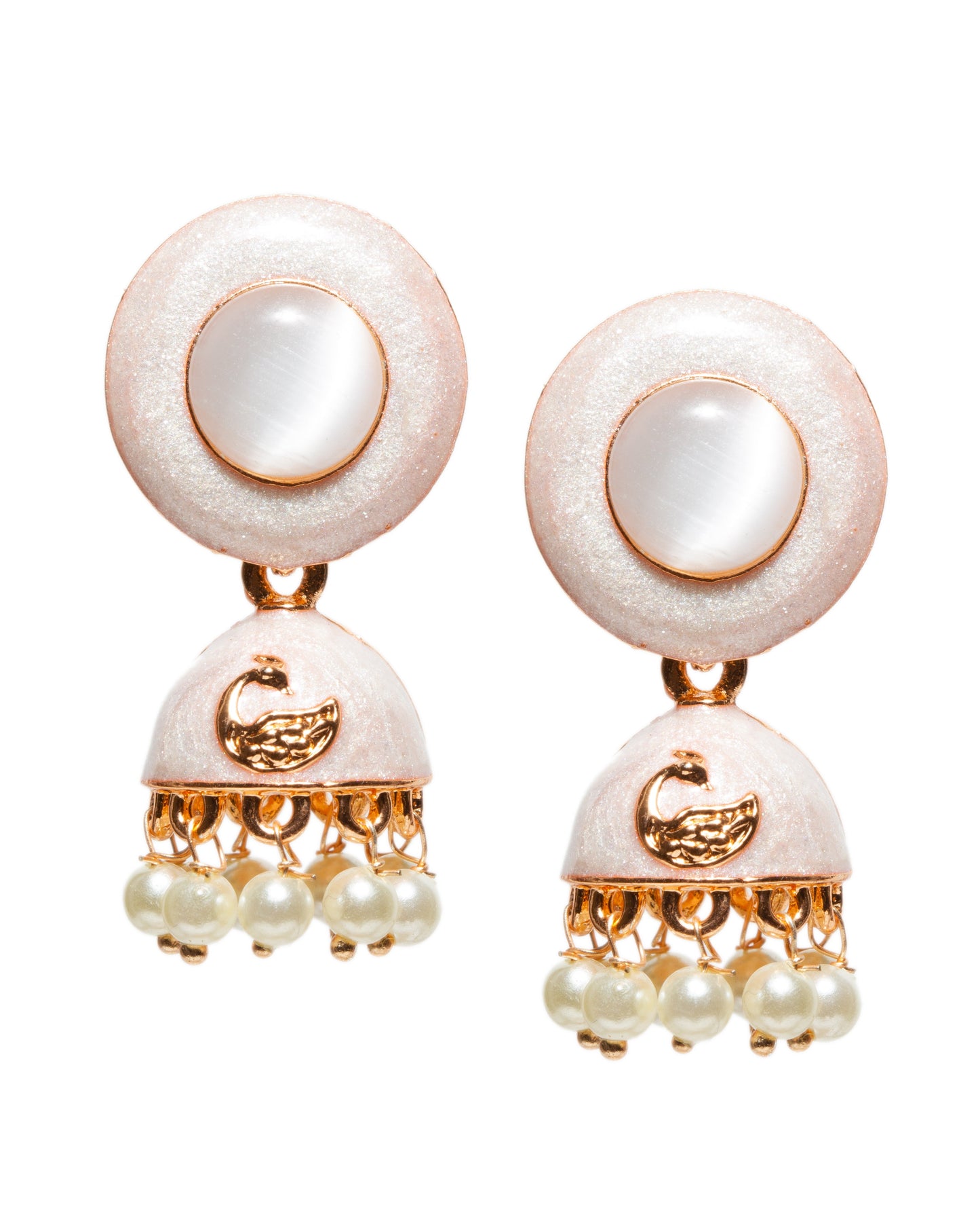 Bindhani gold-plated meenakari jhumka earrings with round white enamel stud tops, dome-shaped drops featuring embossed golden peacock motif detailing, and dangling white pearl beads in traditional ethnic style.