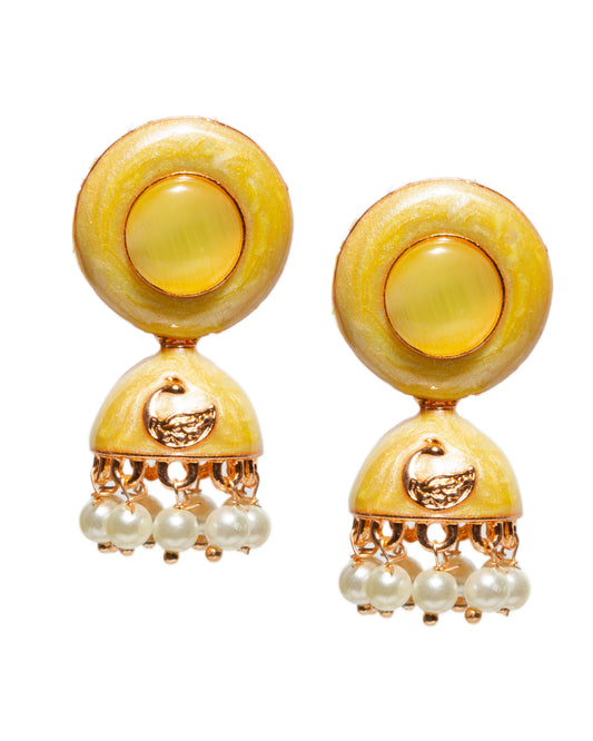 Bindhani gold-plated meenakari jhumka earrings with round yellow enamel stud tops, dome-shaped drops featuring embossed golden peacock motif detailing, and dangling white pearl beads in traditional ethnic style.