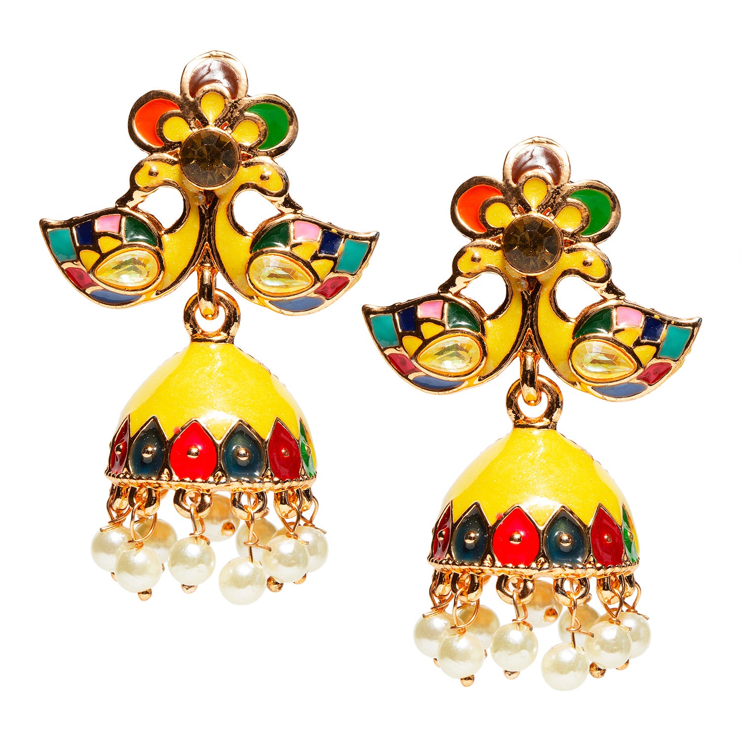 bindhani yellow multicolor small peacock jhumki earrings women teenage girls