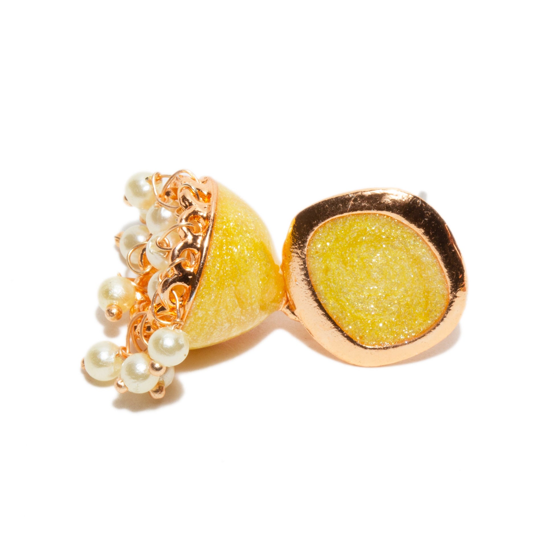 Bindhani mango yellow meenakari enamel jhumka with pearl danglers on a with white background.