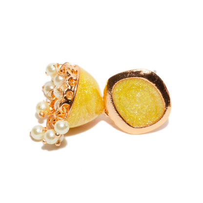 Bindhani mango yellow meenakari enamel jhumka with pearl danglers on a with white background.
