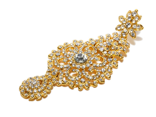 Bindhani close up picture of earrings  showing stone work embedded in golden tone depicting white background shoot