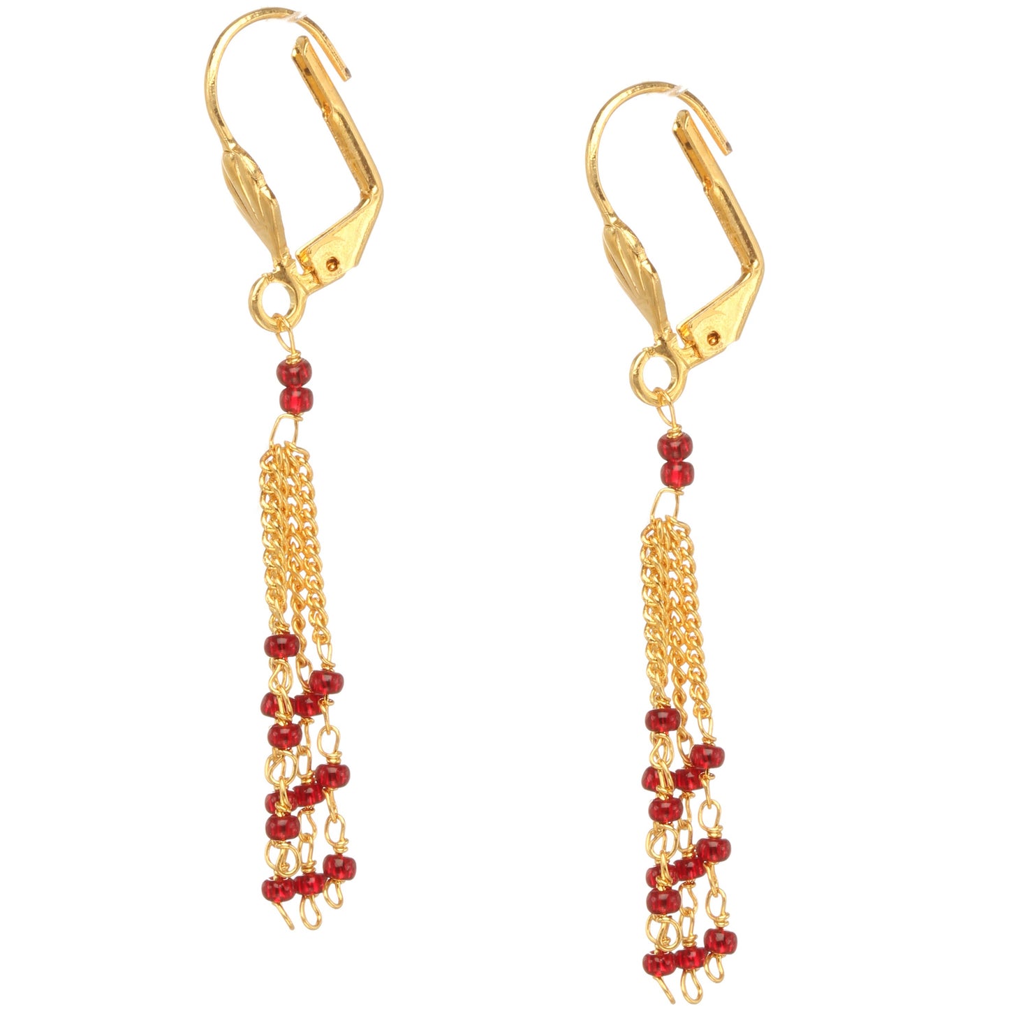 bindhani gold plated fish hook lock top multi chain red beads earrings