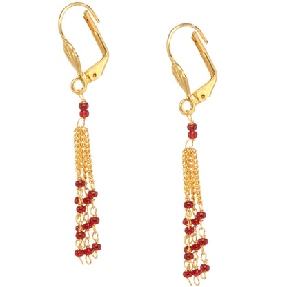 bindhani gold plated fish hook lock top multi chain red beads earrings
