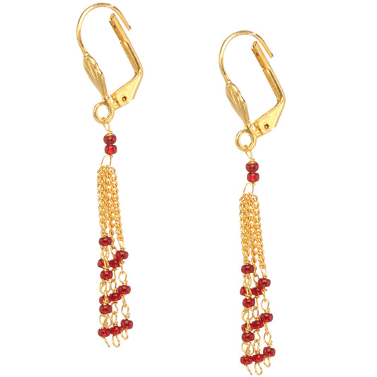 bindhani gold plated fish hook lock top multi chain red beads earrings