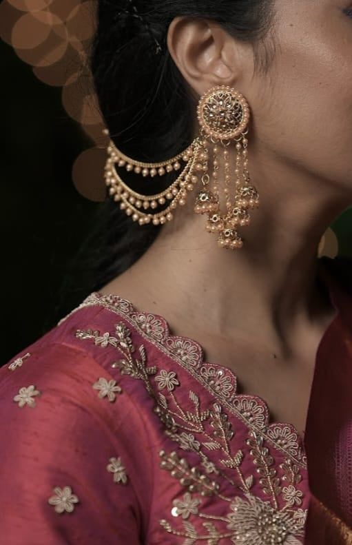 Bindhani gold plated long faux pearl drop golden stone jhumki head chain bahubali earrings for women
