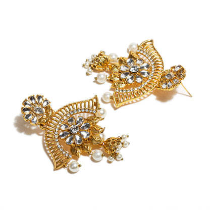 Front and back view bindhani gold plated pearls drop kundan stone earrings women
