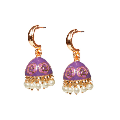 bindhani gold plated pearls drop meenakari small light purple,lavender Half U pin jhumka earrings for women girls