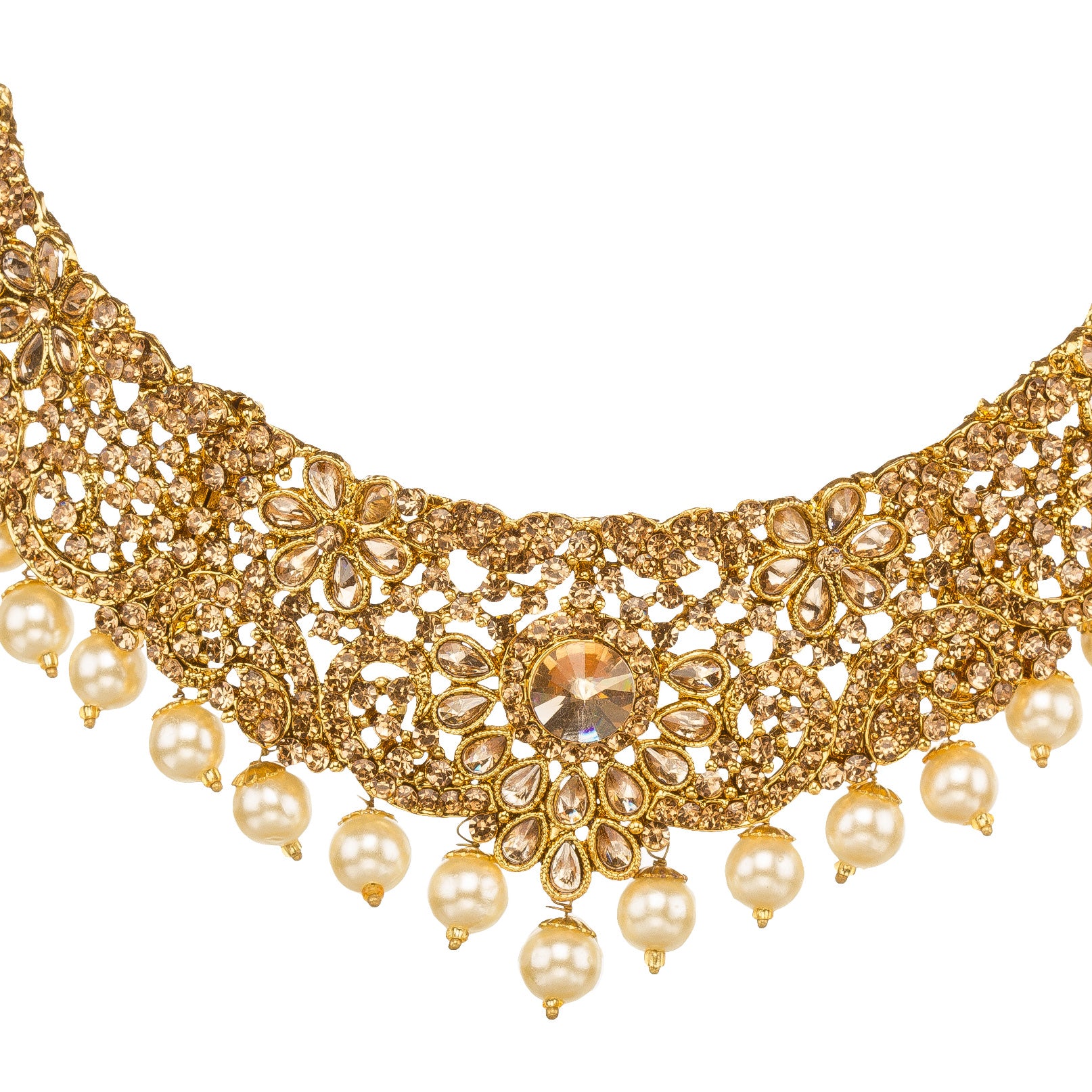 Front view white background zoom photo showing bindhani gold-plated necklace featuring intricate traditional design with elegant pearl drop accents, detailed 