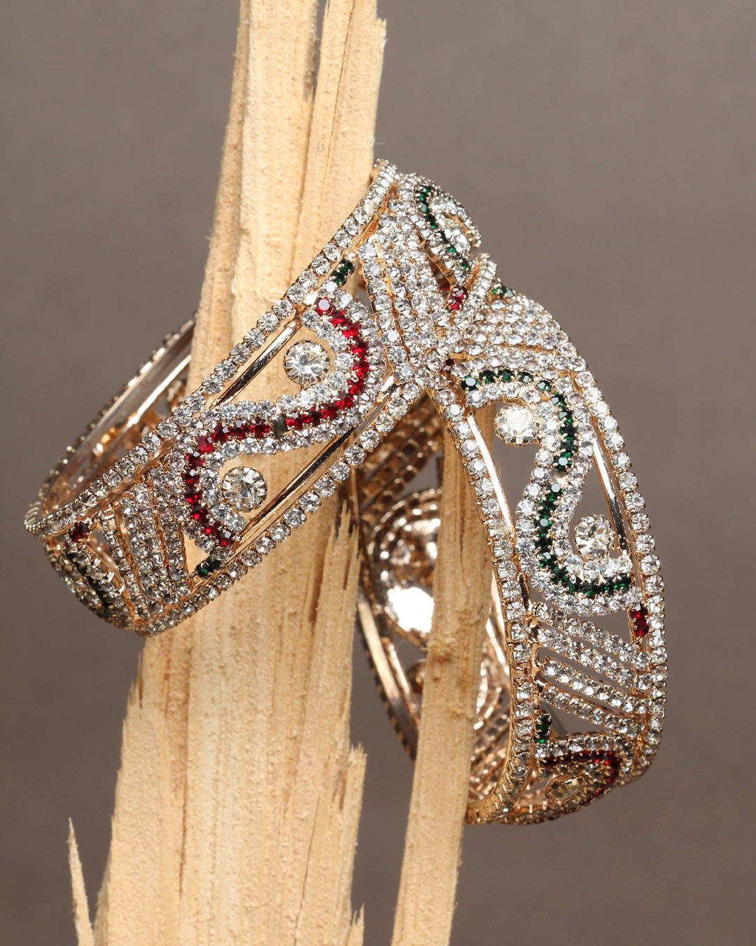 Bindhani gold plated red green white stone bangle set