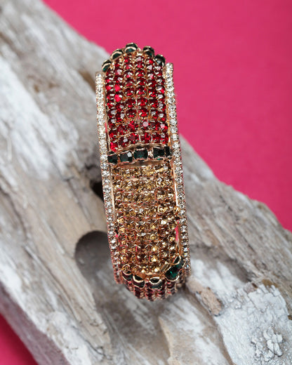 Bindhani gold plated maroon red golden & green stone kada bangle for women