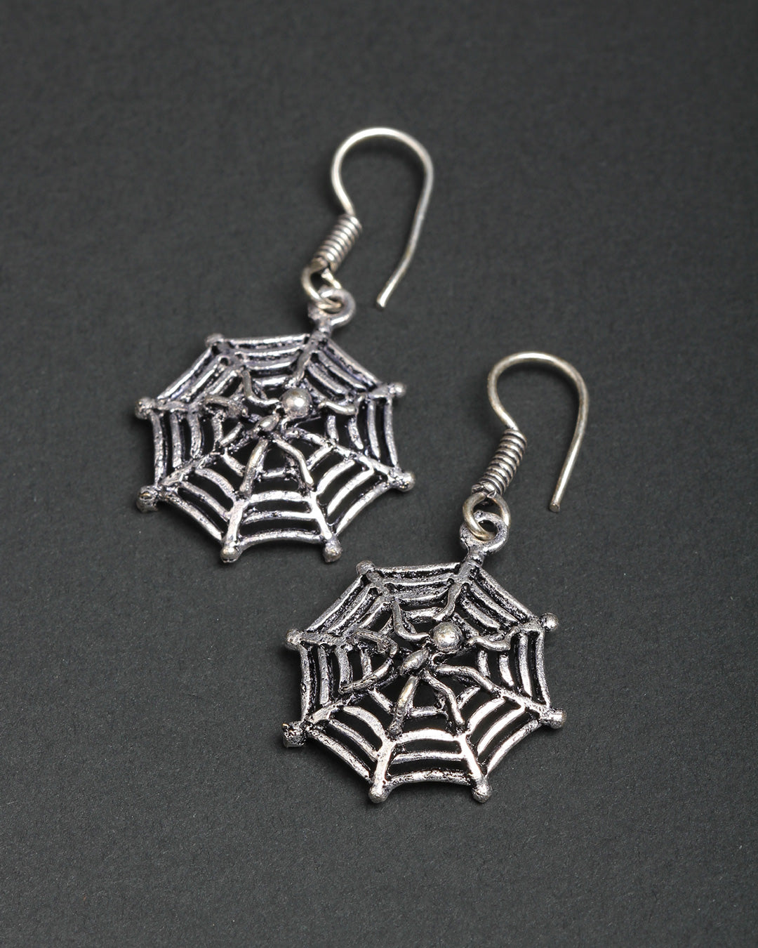 Bindhani silver plated Spider web charm  small oxidised earrings fish hook earwire for women and girls