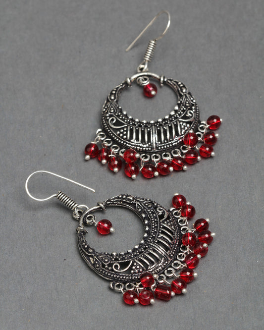 Bindhani silver plated red beads black oxidised long earrings secured with fish hook earwire for women and girls