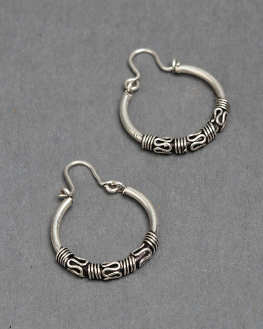 Bindhani Oxidized silver tone kan ki bali small earrings secured with lever hook wire, for women and girls