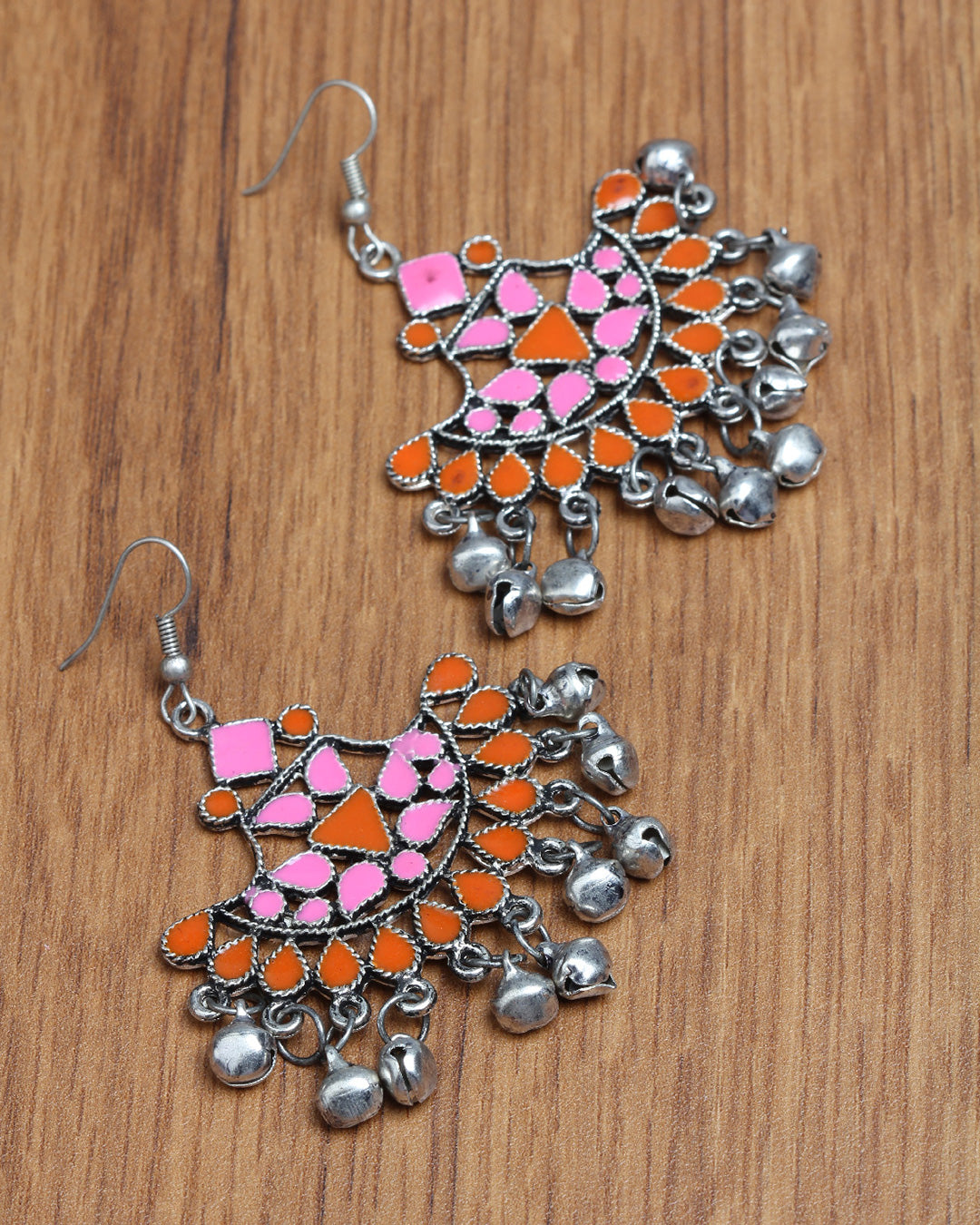 Bindhani silver plated pink and orange enamel work & ghoongroo afghani oxidised earrings secured with fish hook wire for women and girls