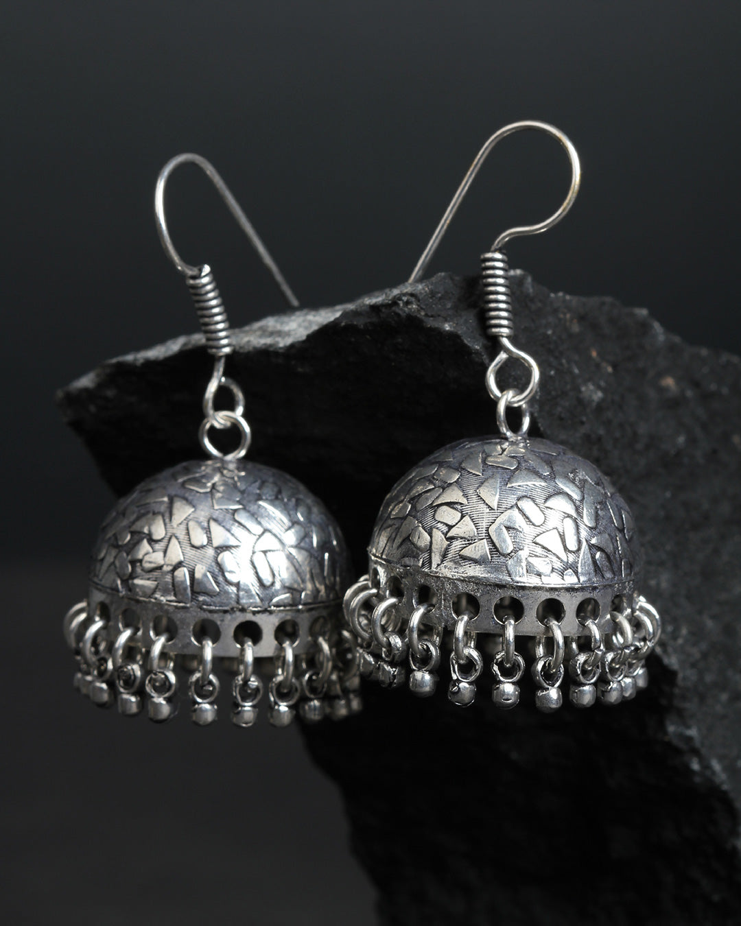 Bindhani silver toned lightweight oxidised jhumkas earrings secured with fish hook wire for women and girls