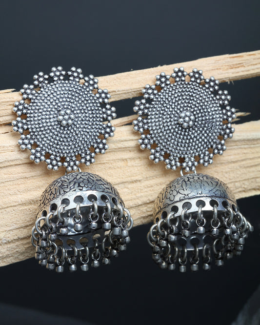 Bindhani silver toned lightweight tribal oxidised jhumka earrings secured with post back closure for women and girls