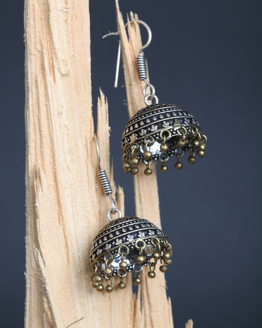 Bindhani two toned jhumka golden & silver oxidised lightweight jhumka earrings secured with fish hook wire for women and girls